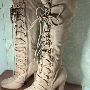 Over the knee lace tie heeled boots
